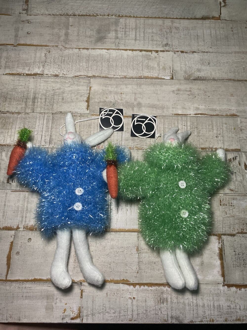 Dept 56 Plush Stuffed Easter Bunny Rabbits Lot Of 2 - Blue And Green - W/ Carrot